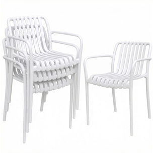 Juego de 4 Sillas de Jardín Exterior Apilables, Sillas Terraza Exterior de PP con Respaldo Curvado, Asiento de Listones, Reposabrazos, 55x58,5x81,5 cm, Blanco