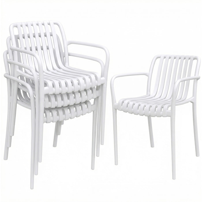 Juego de 4 Sillas de Jardín Exterior Apilables, Sillas Terraza Exterior de PP con Respaldo Curvado, Asiento de Listones, Reposabrazos, 55x58,5x81,5 cm, Blanco