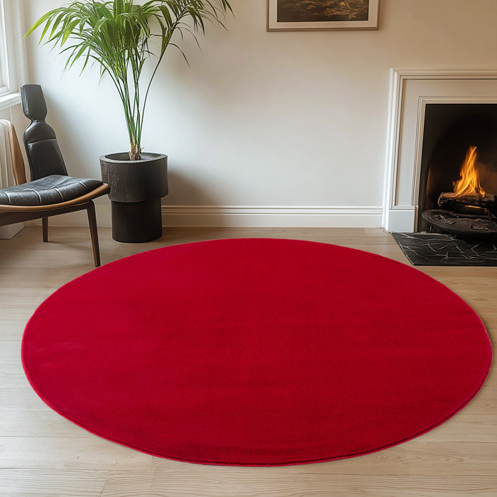 ALBA - Tapis rond doux rouge à poils courts