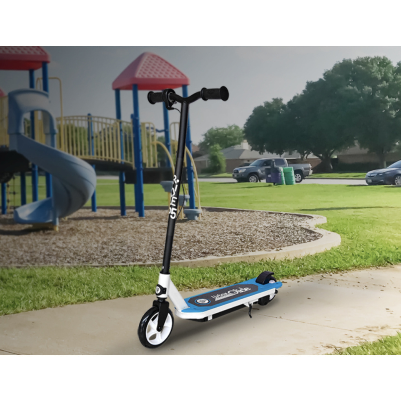 Trottinette Électrique Enfant UrbanGlide Ride 55 Bleu LED – 30W, 10 km/h, Batterie 12V 5Ah, Autonomie 40 min, 3-8 ans