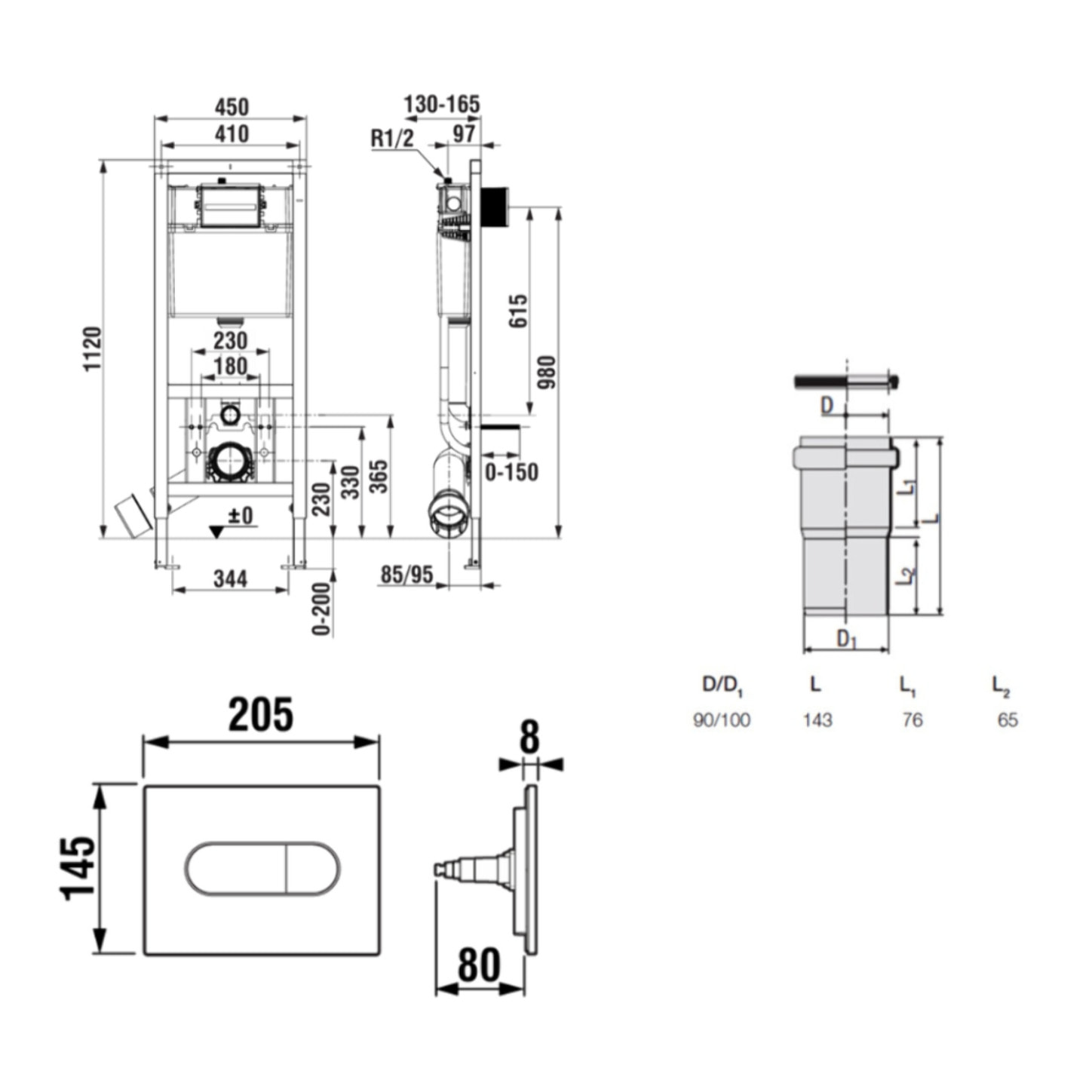 Bâti-support WC suspendu, installation sur cloison légère, hauteur 112 cm, chasse 2/4-6 L + plaque noir mat (ROB01-FR)