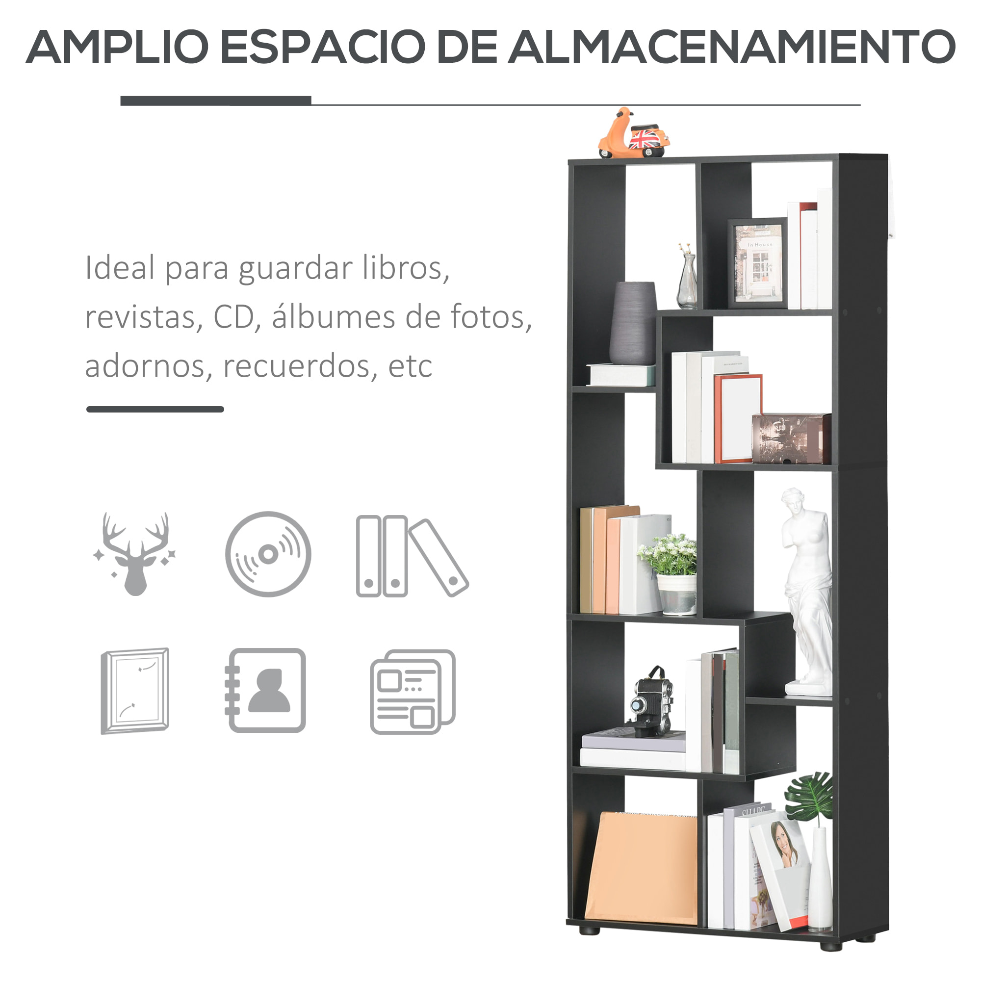 Estantería Moderna, Biblioteca Estrecha con 8 Estantes, Librería para Salón, Dormitorio, Estudio, Oficina, 70x24x178 cm, Negro