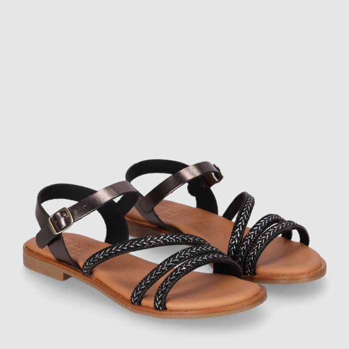 Sandalias de Piel - Plomo - Tacón: Bajo