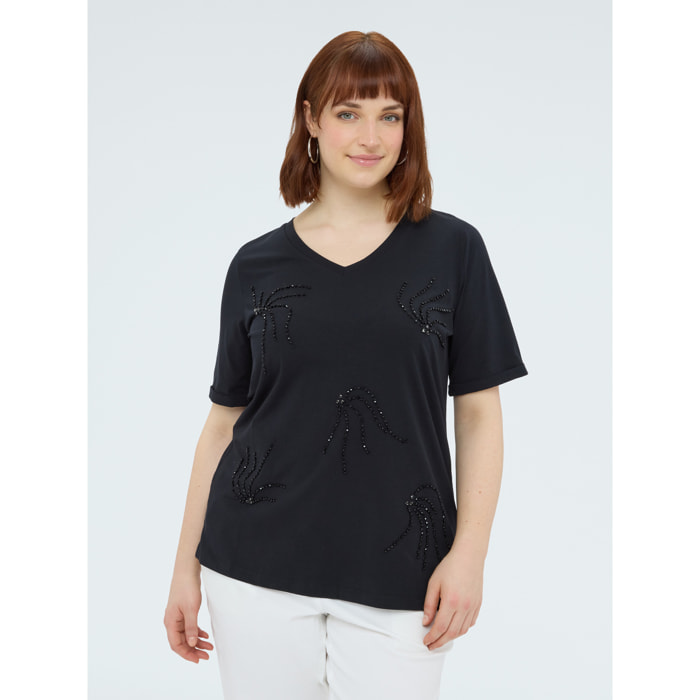 Fiorella Rubino - T-shirt in jersey con ricamo in perline - Nero