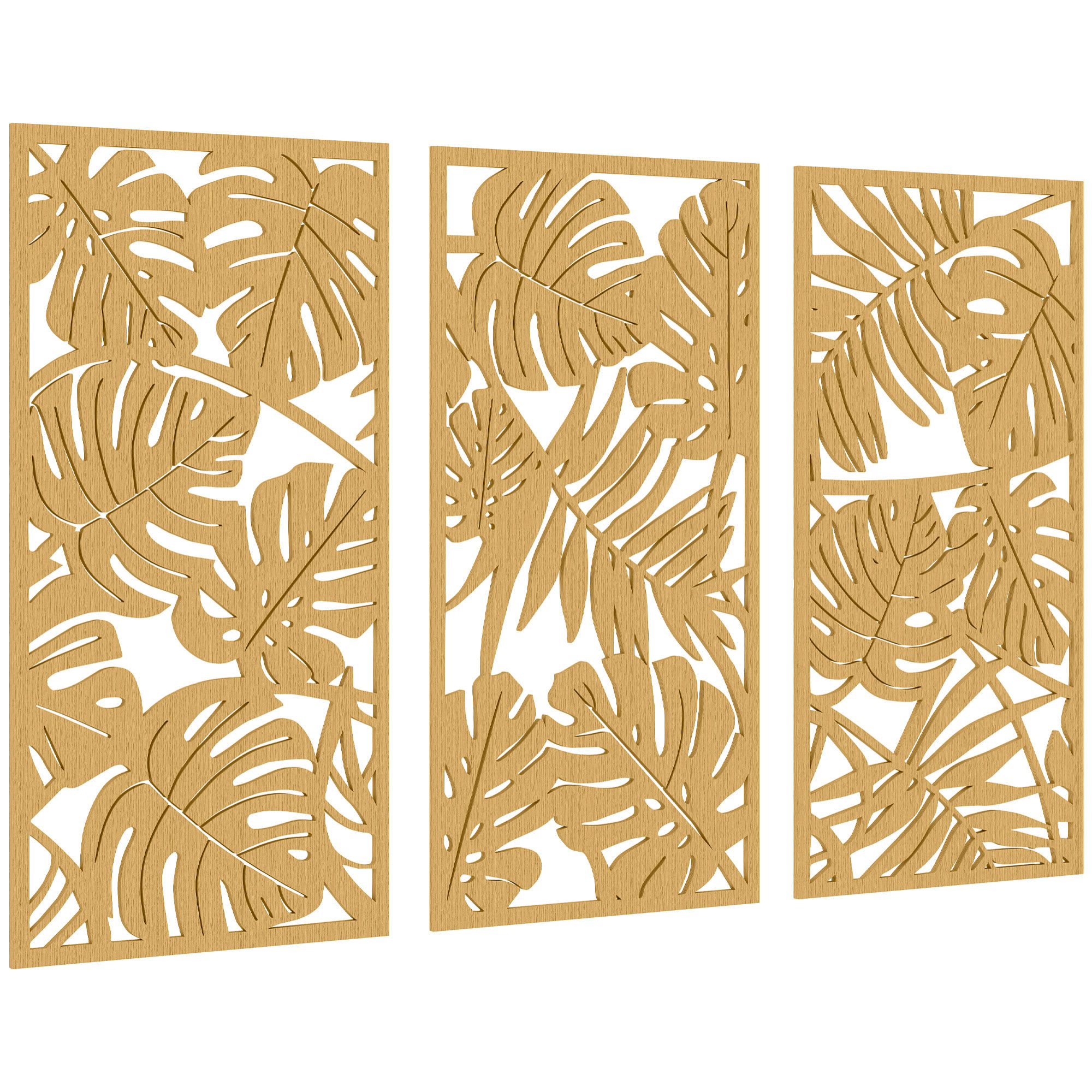 Déco murales feuilles exotiques - tableau triptyque - 40 x 80 cm - effet bois naturel