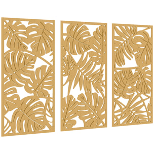 Déco murales feuilles exotiques - tableau triptyque - 40 x 80 cm - effet bois naturel