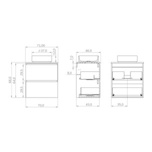 ENSEMBLE DE SALLE DE BAIN GLOOM | MEUBLE DE SALLE DE BAIN SUSPENDU | 70 CM NATURE | DEUX TIROIRS | LAVABO SUR PLAN | MEUBLE MONTÉ | ALDAY