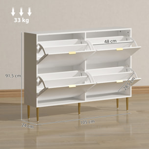 Meuble à chaussures style Art déco 4 portes piètement poignées métal doré 105 x 24 x 91 cm blanc