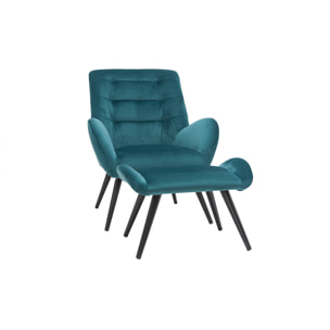 Fauteuil et repose-pieds design en tissu velours bleu pétrole et métal noir ZOE