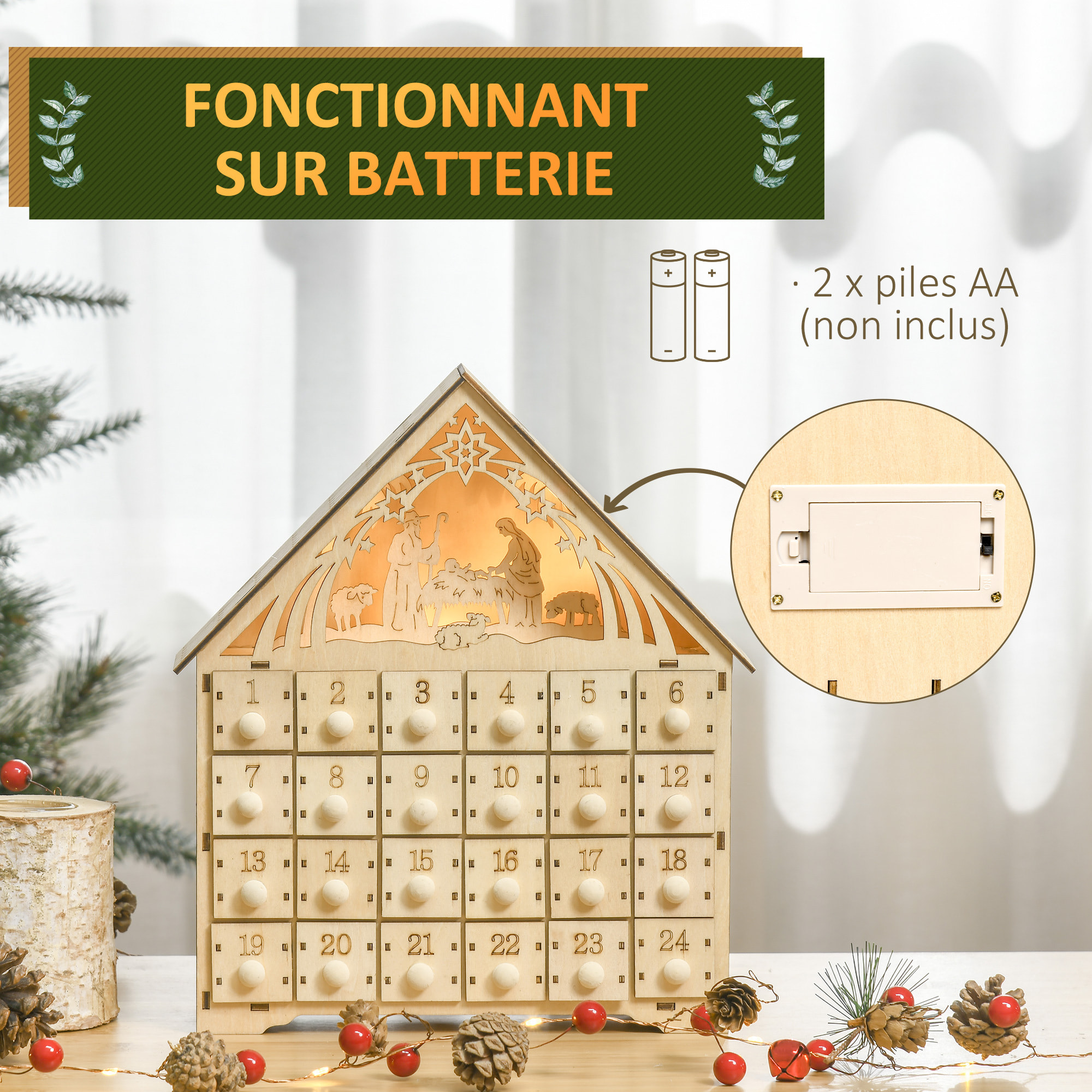 Calendrier de l'Avent en bois décoration de crèche de Noël - 24 tiroirs - naturel