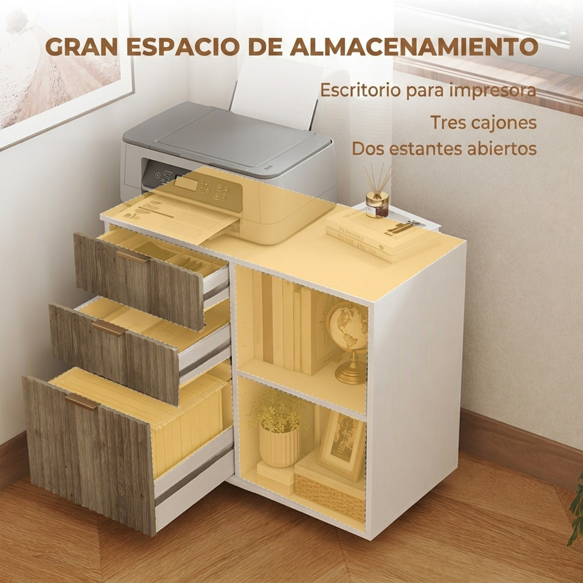 Mueble para Impresora con Ruedas, Mesa para Impresora con 3 Cajones, Barra Ajustable, 2 Estantes Abiertos para Documentos Tamaño A4, Carta, Archivador Móvil para Oficina en Casa, Blanco y Roble