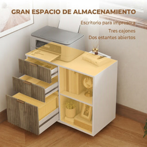 Mueble para Impresora con Ruedas, Mesa para Impresora con 3 Cajones, Barra Ajustable, 2 Estantes Abiertos para Documentos Tamaño A4, Carta, Archivador Móvil para Oficina en Casa, Blanco y Roble