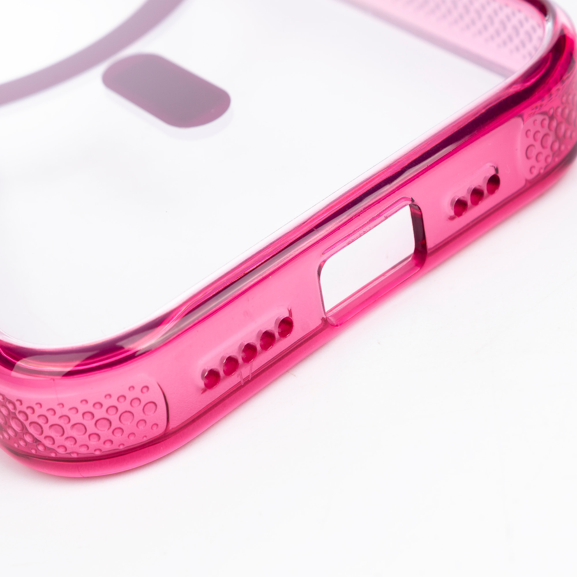 Cover trasparente con fotocamera coperta e bordi fucsia. Magsafe per iPhone 17.