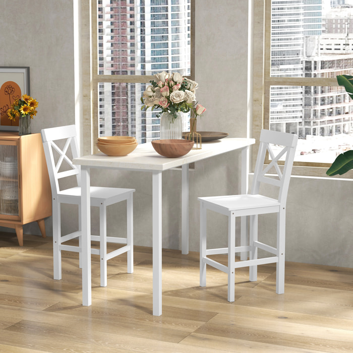 Juego de 2 Taburetes Altos de Cocina, Taburetes de Bar de Madera con Reposapiés y Respaldo Cruzado, Carga 120 kg, para Comedor, Mostrador, Blanco