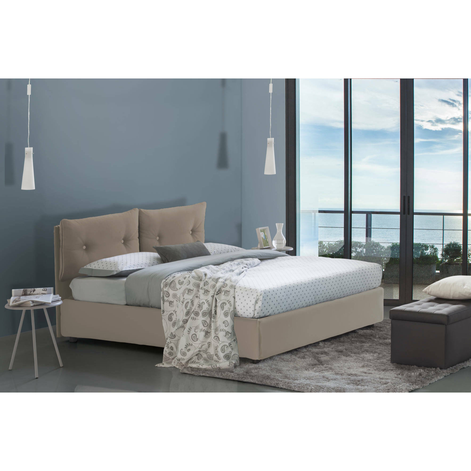 Letto singolo Milena, Letto contenitore con rivestimento in ecopelle, 100% Made in Italy, Apertura frontale, adatto per materasso Cm 80x190, Tortora