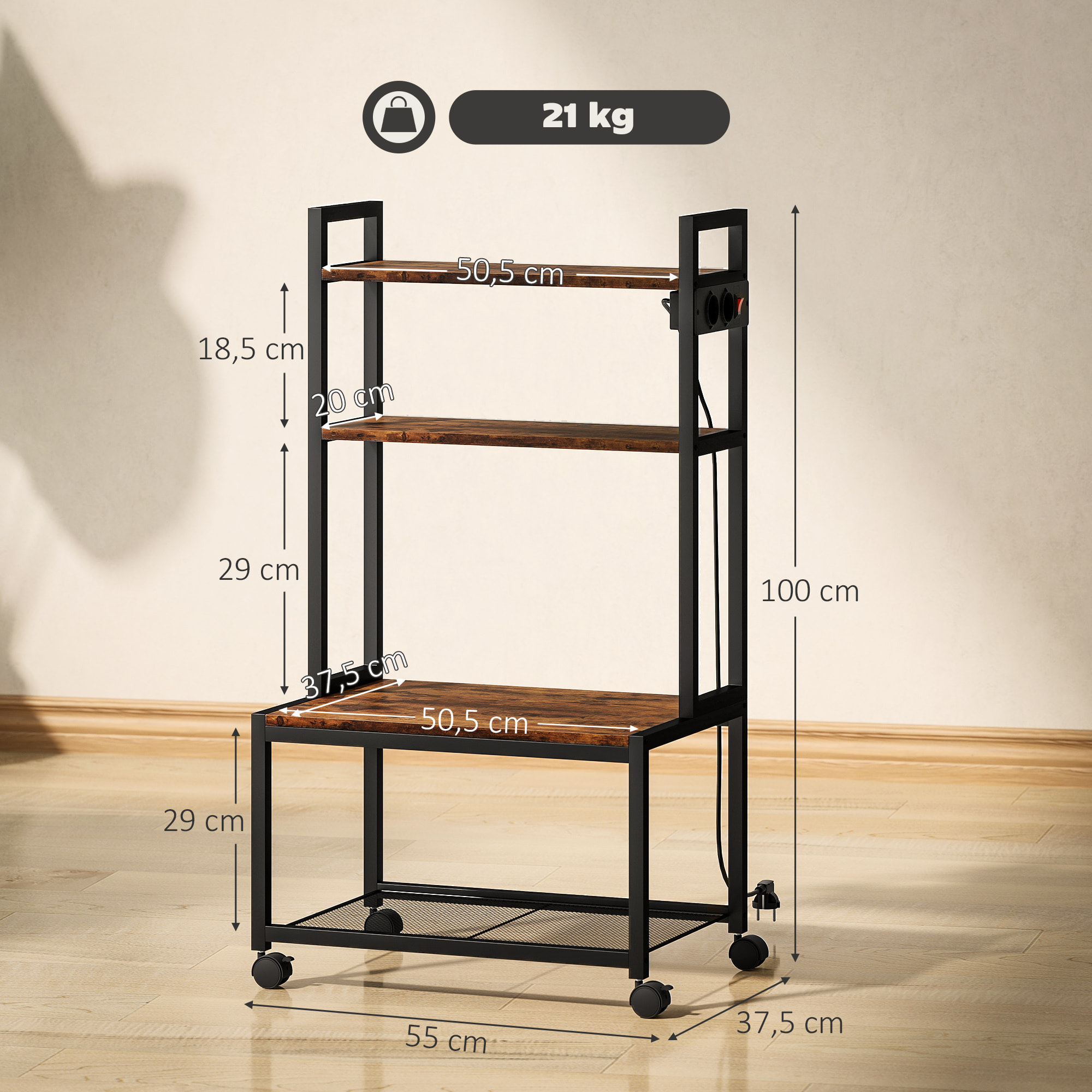 Soporte para Impresora con Estación de Carga Mueble para Impresora de 4 Niveles con Ruedas y Marco Metálico para Oficina Casa Escuela Marrón Rústico