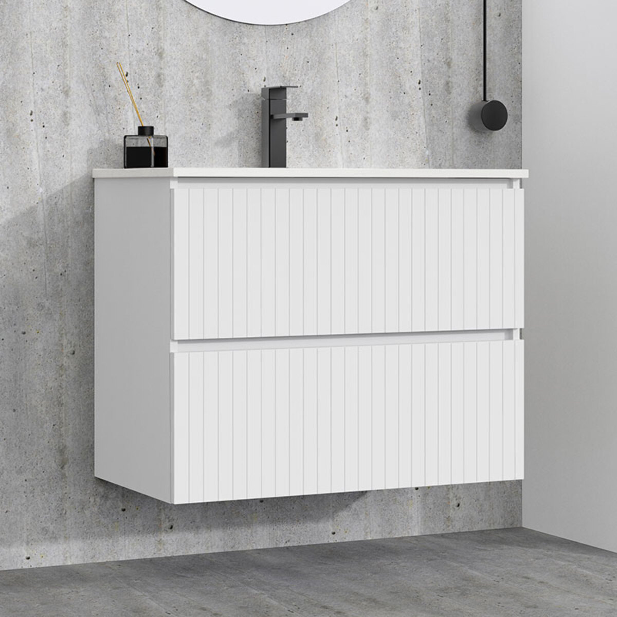 Conjunto de Baño Miya | Mueble de Baño Suspendido | 80 cm Blanco| Dos Cajones | Lavabo Encastrado | No incluye Espejo | Alday