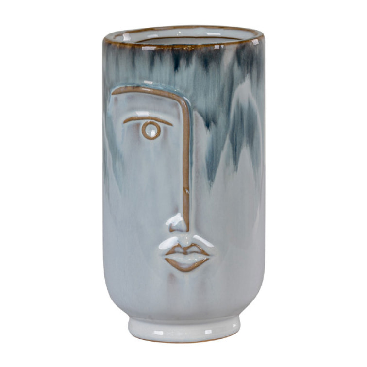 Elena - Vase en céramique avec visage H17cm : Couleur - Gris bleuté.