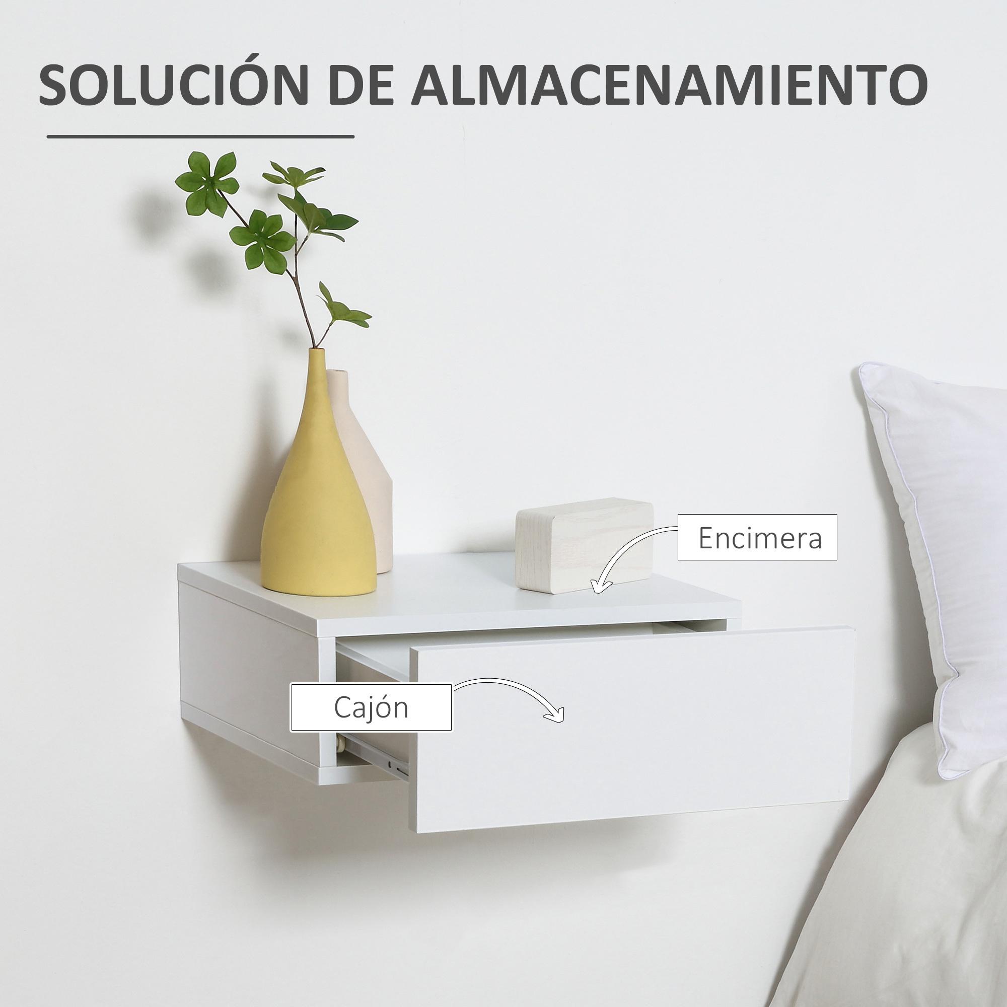 HOMCOM Set de 2 Mesitas de Noche Flotantes con 1 Cajón Diseño Montado en la Pared Estilo Moderno para Dormitorio 40x30x15 cm Blanco