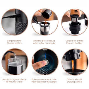 Macchina per caffè a capsule portatile con serbatoio da 170 ml, batteria ricaricabile da 1200 mAh e riscaldatore elettrico.