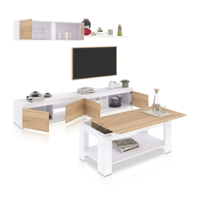 Pack salón con mesa de centro Arlet Plus Blanco Artik (Blanco Mate) - Roble Canadian