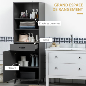 Buffet haut design industriel multi-rangement - porte avec étagère, tiroir, 3 niches - piètement métal noir MDF gris