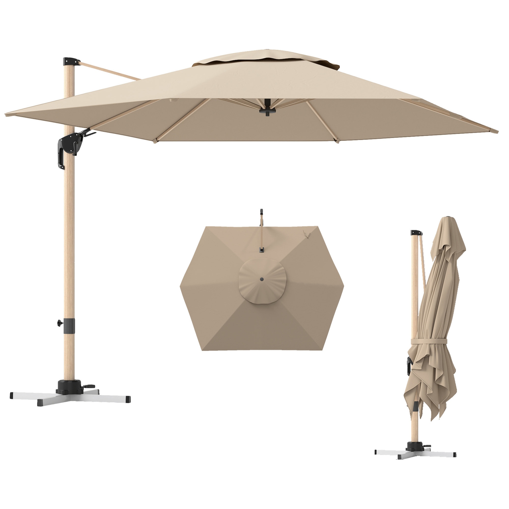 Parasol déporté hexagonal inclinable pivotant dim. 4,2L x 3l x 2,7H m alu effet bois polyester anti-UV UPF50+ kaki