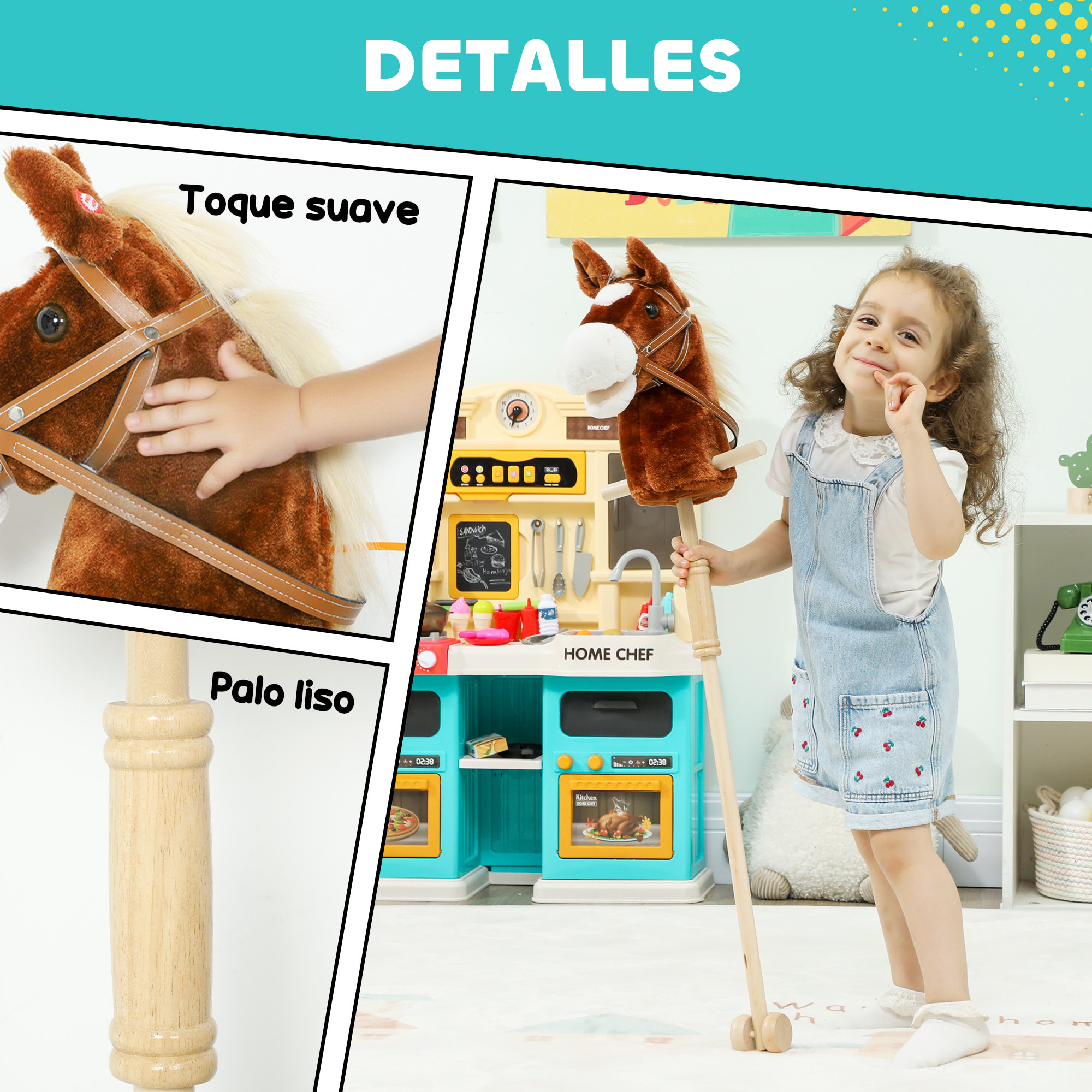 Cabeza de Caballo con Palo de Madera, Sonidos y Ruedas, Caballo de Juguete, 95 cm de Altura, Marrón