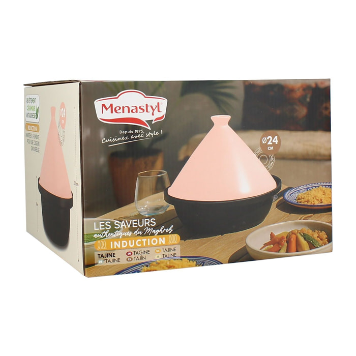 Tajine d24cm fond alu induction couvercle en céramique rose