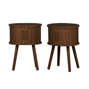 Lot de 2 tables de chevet ovale 2 portes coulissantes poignées creusées. effet bois rainuré. L40 x l34 x H54.8cm