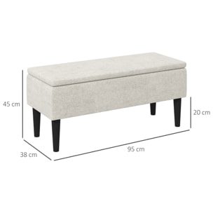 Banc coffre de rangement 2 en 1 dim. 95L x 38l x 45H cm piètement bois noir tissu blanc cassé