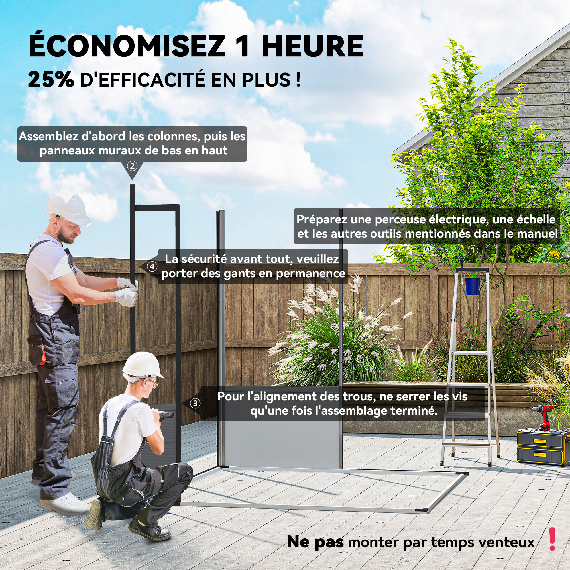 Abri de jardin en polypropylène 3,24 m² - 190 x 191 x 215 cm - 2 fenêtres, 2 portes - gris