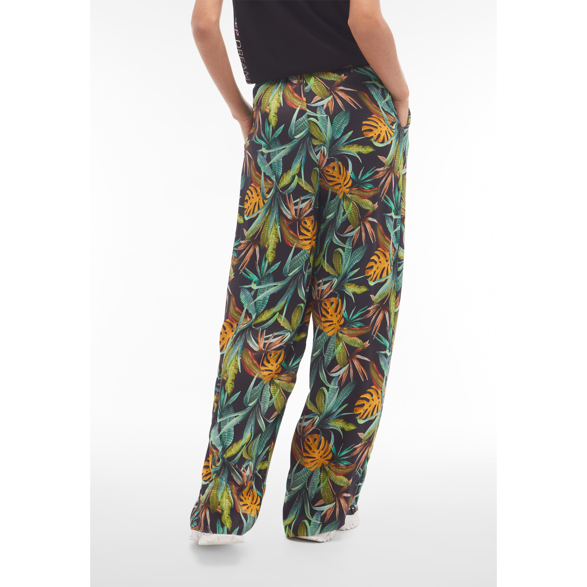 Pantaloni culotte gamba ampia in viscosa stampa tropical