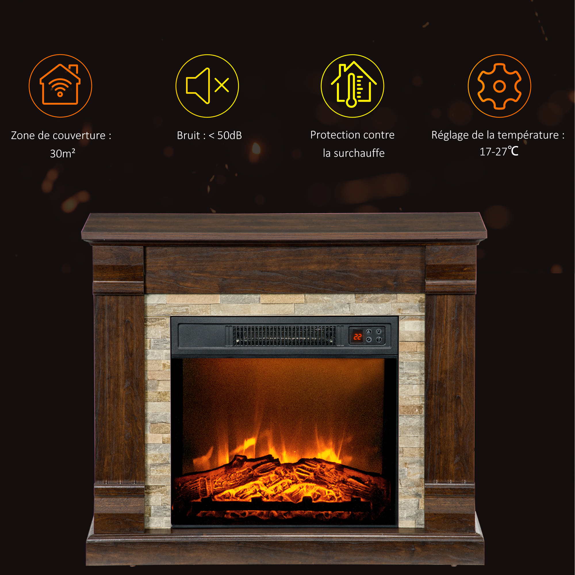 Cheminée électrique 1800W design ranch effet bois foncé et pierre parement télécommande