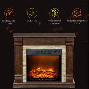 Cheminée électrique 1800W design ranch effet bois foncé et pierre parement télécommande