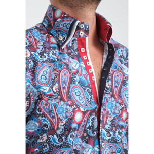 Camicia Uomo 2 Bottoni Button Down Triplo Collo Slim Popeline Stretch Stampato Bluette e Rosso