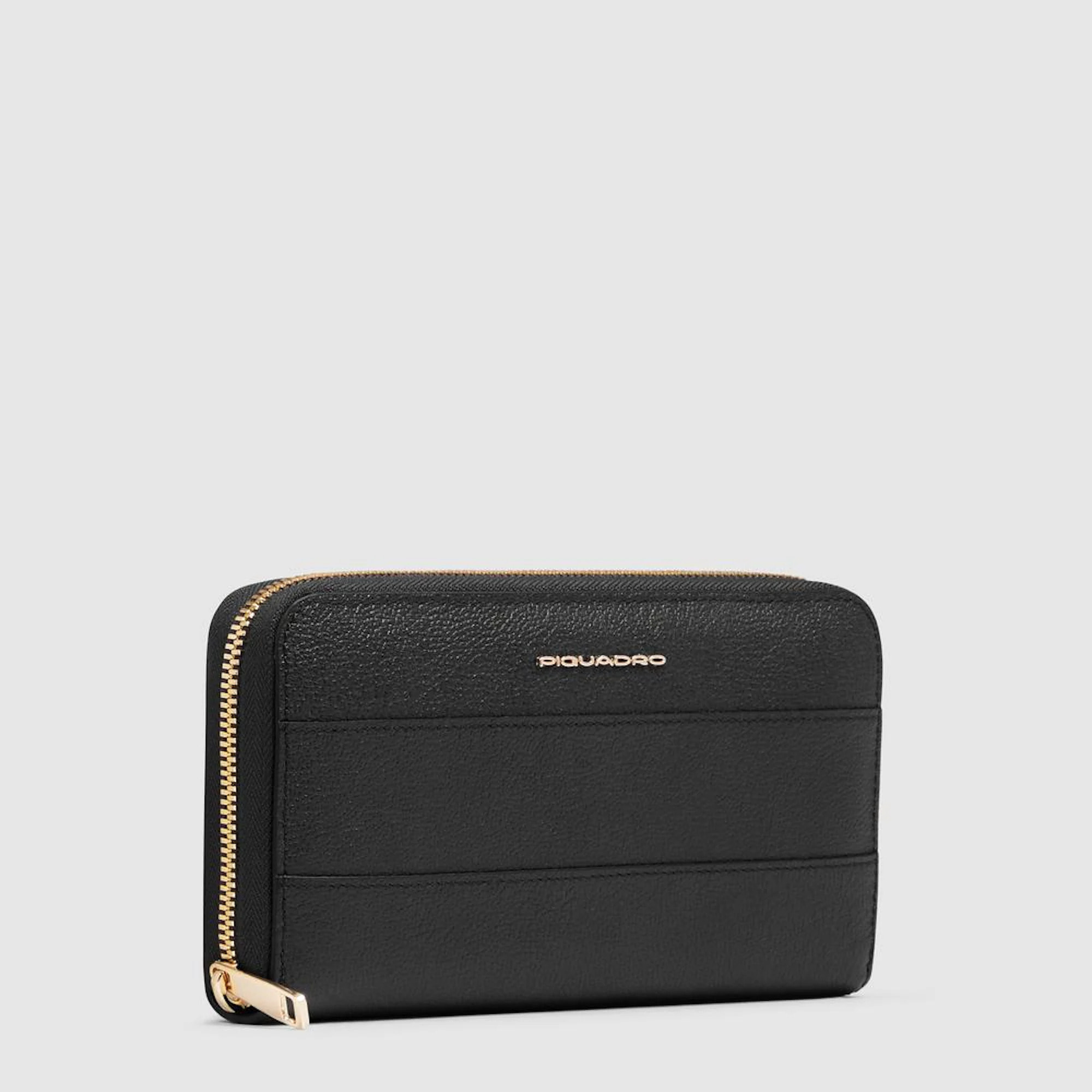 Piquadro Portafogli grande con zip, 4 soffietti, porta monete, porta carte di credito, protezione RFID