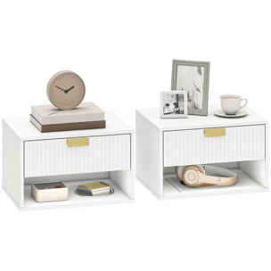 Juego de 2 Mesitas de Noche Flotantes, Mesillas de Noche con Cajón con Frente Ondulado y Estante Abierto, Diseño Moderno, 40x30x25 cm, Blanco