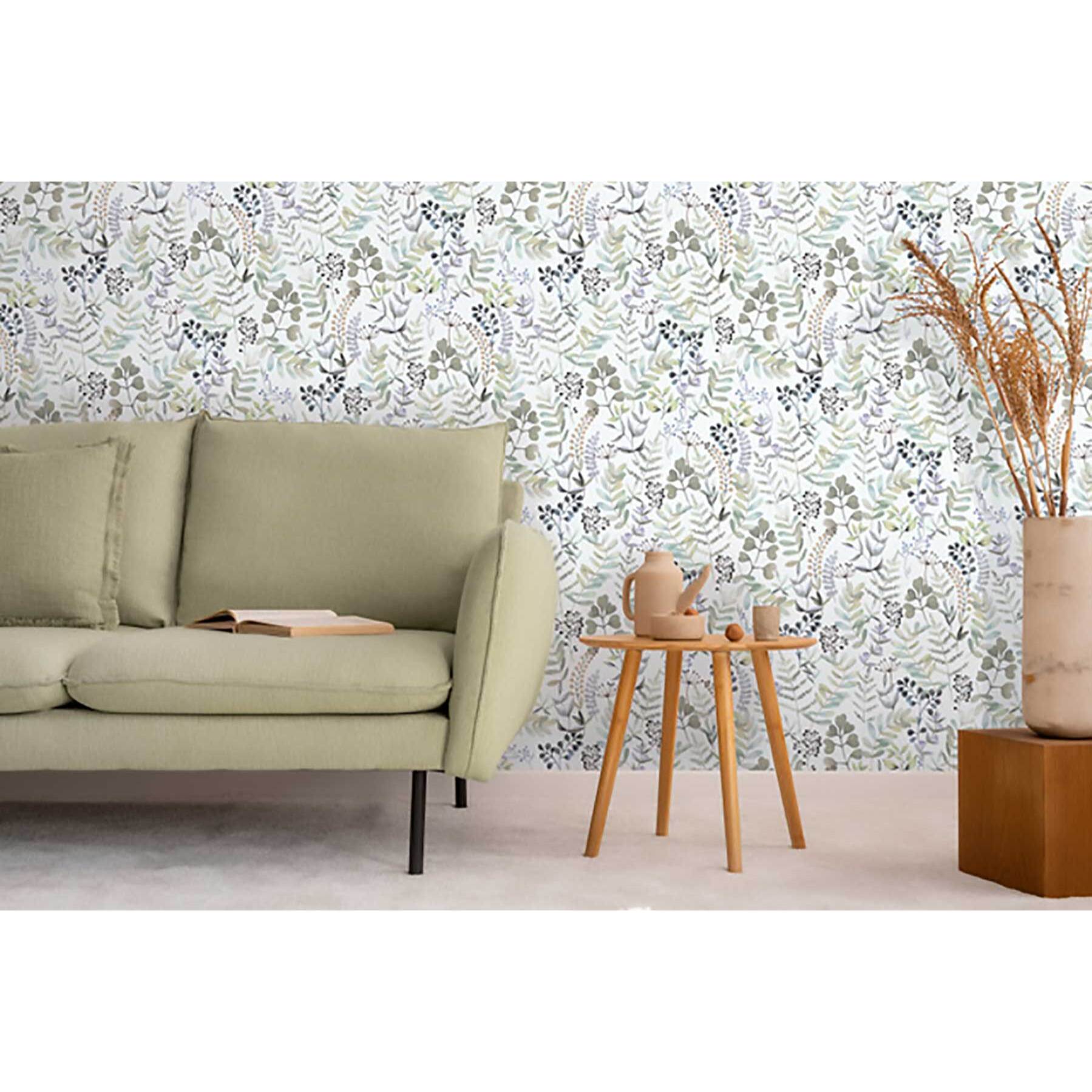 Papier peint herbier aquarelle tons bleutés fond blanc
