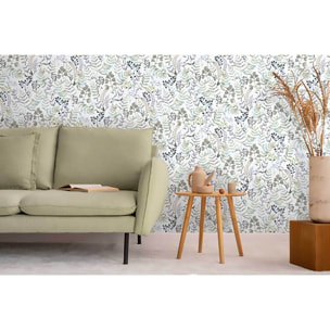 Papier peint herbier aquarelle tons bleutés fond blanc