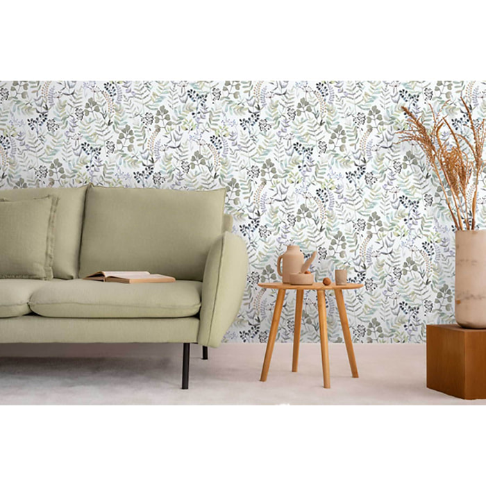 Papier peint herbier aquarelle tons bleutés fond blanc