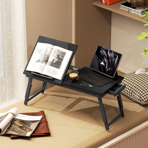 Mesa Reclinable para Cama y Sofá, Bandeja Plegable con Cajón Lateral, para Ordenador Portátil y Libros, con Cinco Alturas, Patas Ajustables, Mesita Auxiliar de Bambú y MDF, 83,5x33x34 cm, Negro