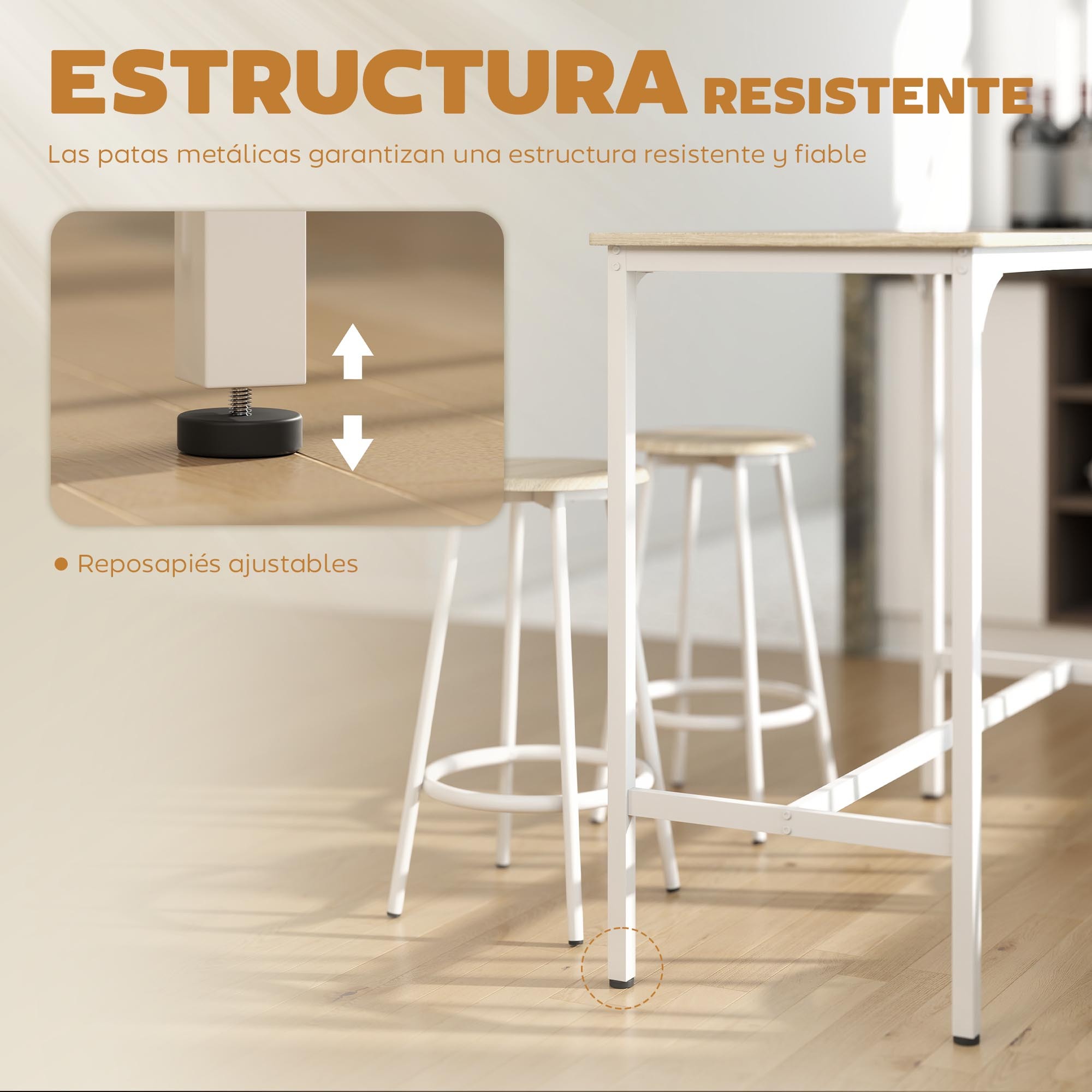 Conjunto Mesa Alta de Cocina con 4 Taburetes, Mesa de Bar Alta, Ahorro de Espacio, para Pisos Pequeños, Comedor, Balcón o Isla Cocina 110x50x89,5 cm, Natural y Blanco