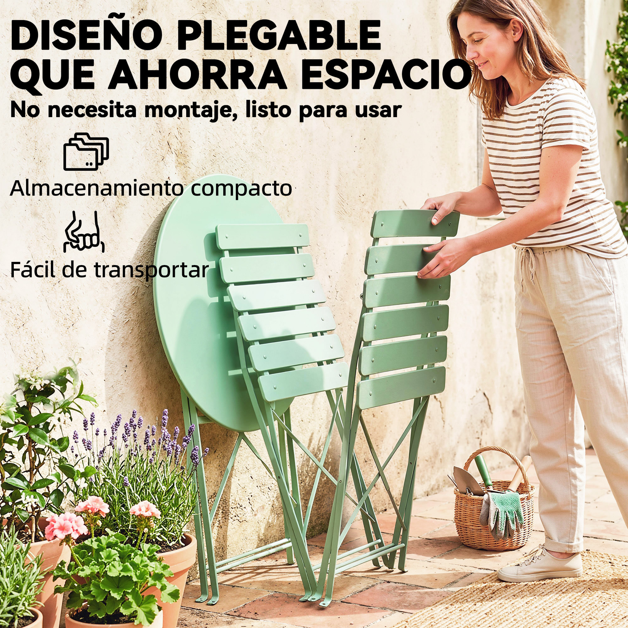 Conjunto de Mesa y Sillas de Terraza Exterior Plegable 3 Piezas, Muebles de Jardín Exterior con 2 Sillas Plegables, Mesa Redonda, Estructura Metálica Electrofórica para Patio, Balcón, Verde