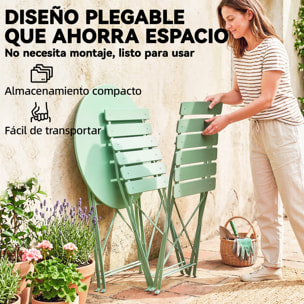 Conjunto de Mesa y Sillas de Terraza Exterior Plegable 3 Piezas, Muebles de Jardín Exterior con 2 Sillas Plegables, Mesa Redonda, Estructura Metálica Electrofórica para Patio, Balcón, Verde