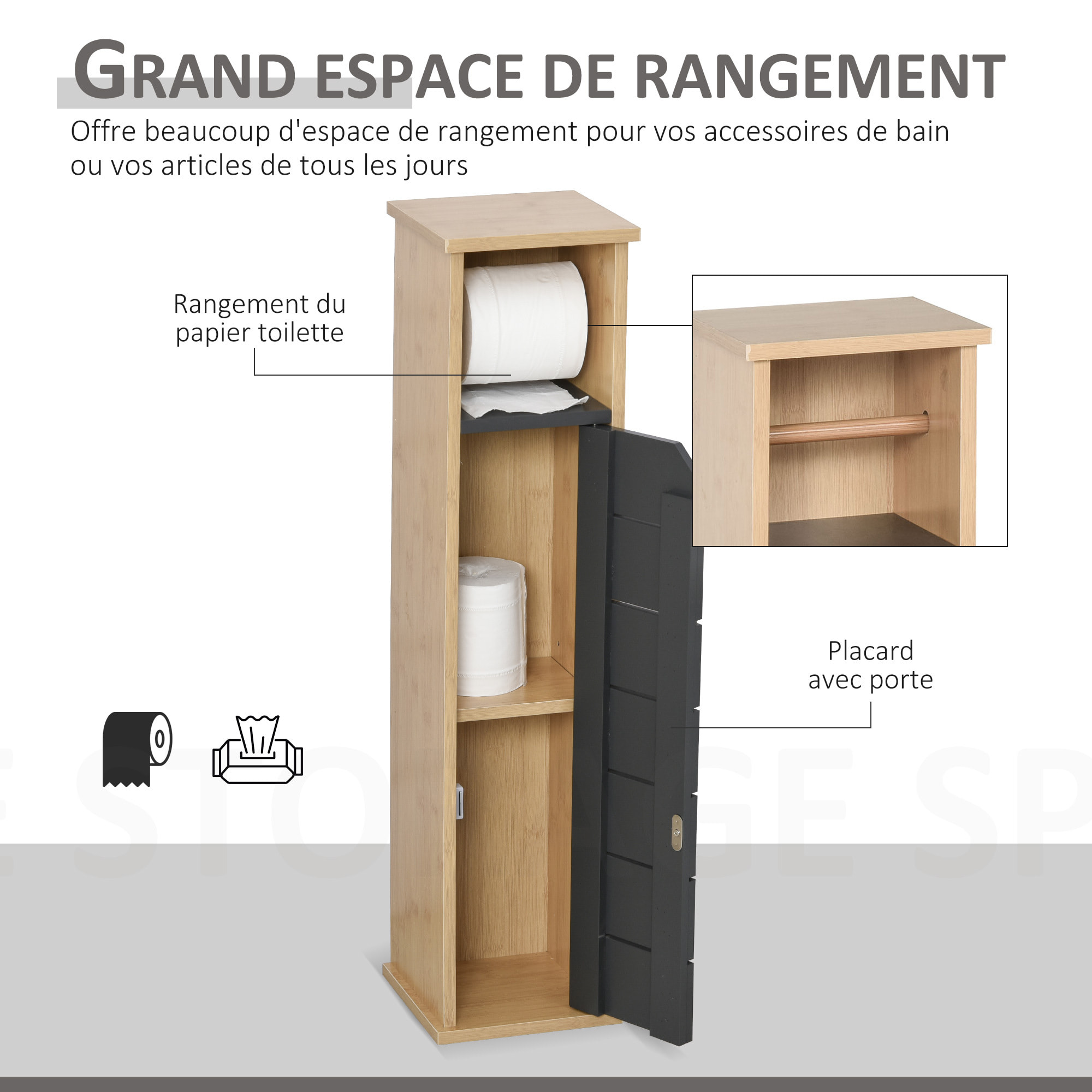 Support papier toilette - porte-papier toilette - armoire pour papier toilette - 2 niveaux + sortie papier MDF gris bambou