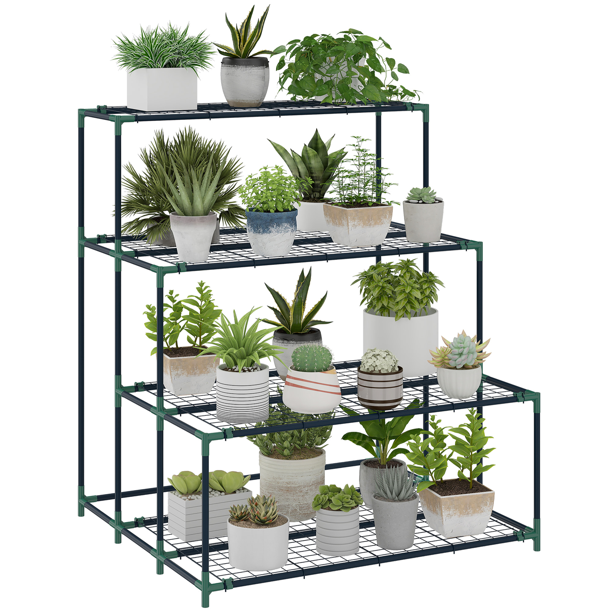 Soporte para Plantas de 4 Niveles, Estantería para Plantas de Acero, Diseño en Escalera, Soporte para Macetas para Interior y Exterior, Jardín, Balcón y Patio, 94x84x110 cm, Verde Oscuro