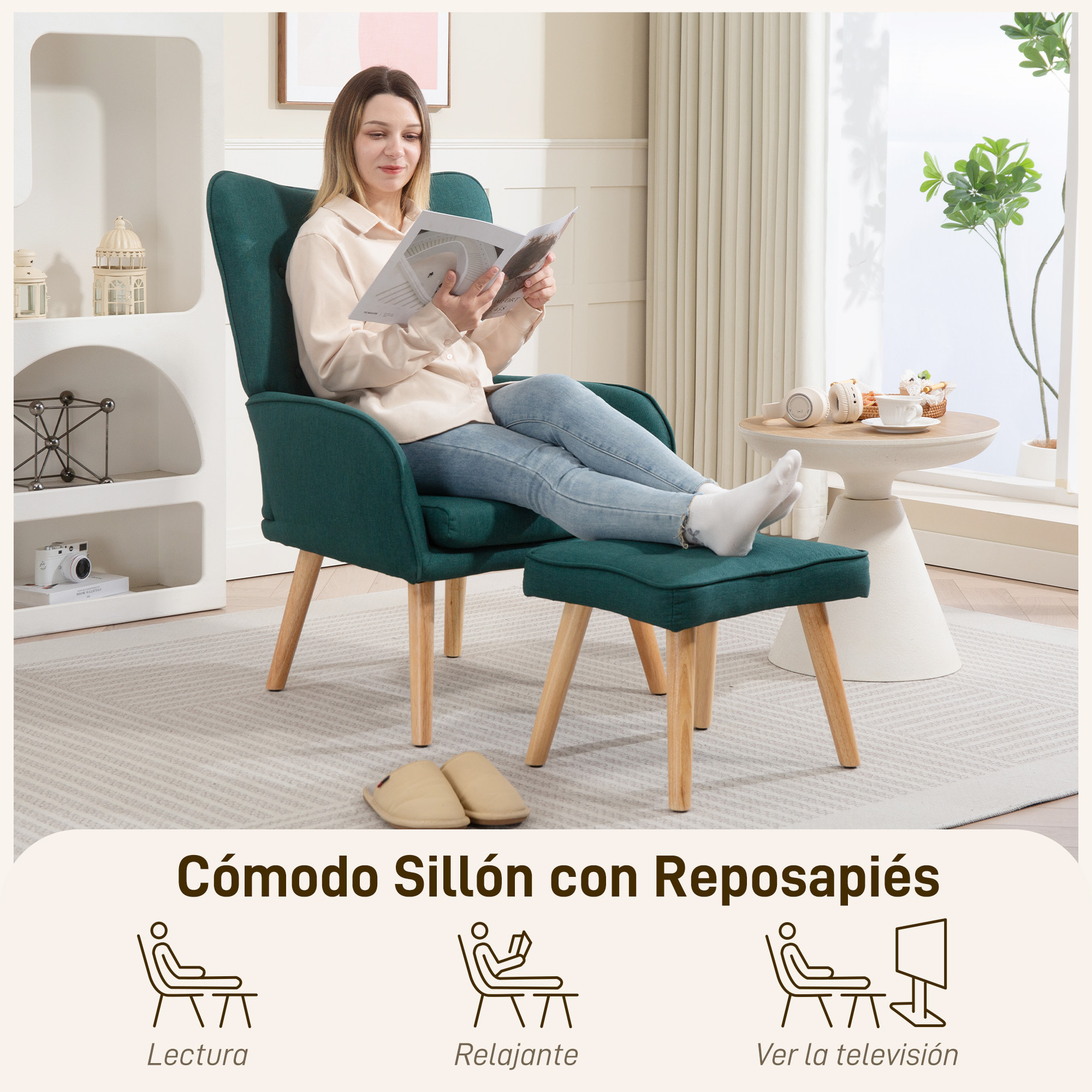 Sillón con Reposapiés Sillón Lectura con Respaldo Alto Capitoné Patas de Madera y Tapizado en Lino Butaca para Salón Dormitorio Oficina Verde Oscuro