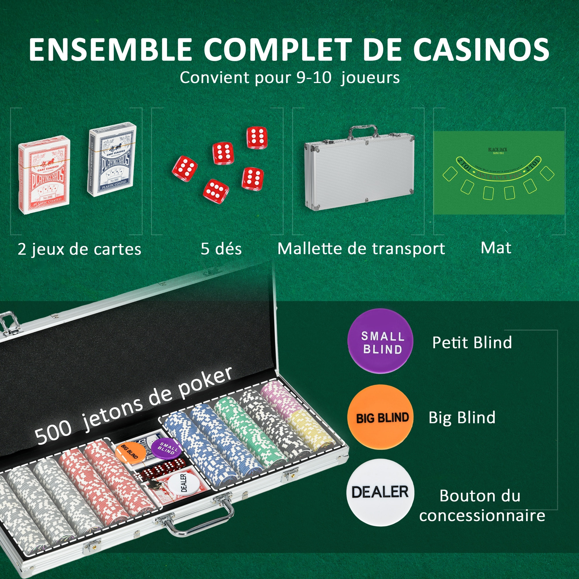 Mallette pro de poker verrouillable coffret pro poker 500 jetons 2 jeux cartes 5 dés 3 boutons 2 clés tapis alu