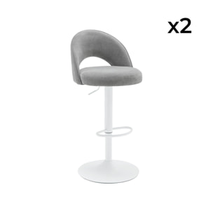 Lot de deux tabourets de bar ajustables métal et tissu gris clair. pied blanc - L 49 x P 49 x H 88.5-110cm - Abby
